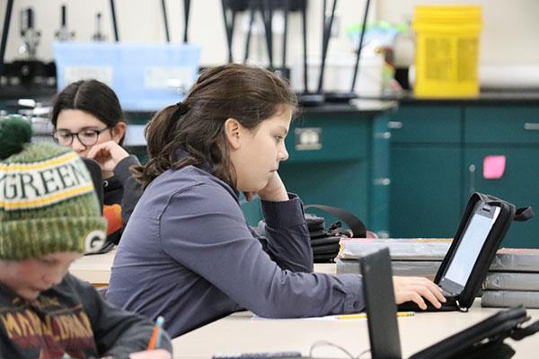 Student working on her Chromebook.